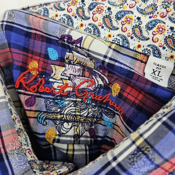 Robert Graham Shirt Mens XL Paisley Plaid Button Up Flip Cuffs Casual Preppy - Picture 10 of 11